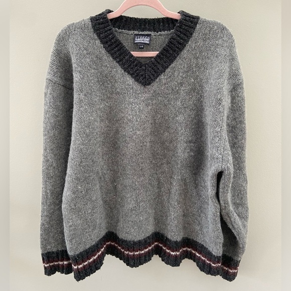 90’s Vintage Wool Knit Preppy Striped V-Neck Ribbed Hem Grey Oversized Sweater - Picture 2 of 3